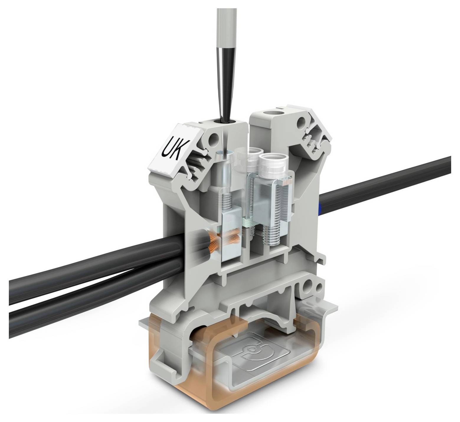'Spring clamp terminal block holding wires, labeled UK, showing internal connectors and wire pathways for electrical applications.'