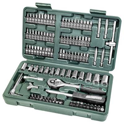 A green tool case with a socket set, various attachments and a ratchet spanner.
