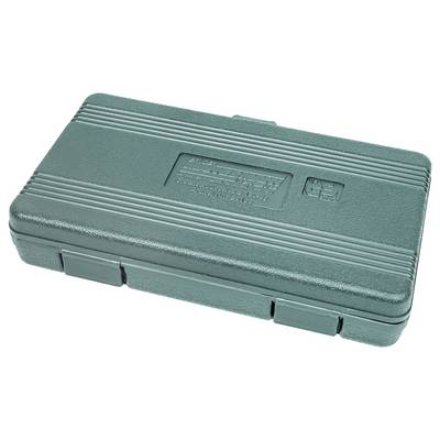 A closed, green plastic toolbox with multiple grooves on its surface.
