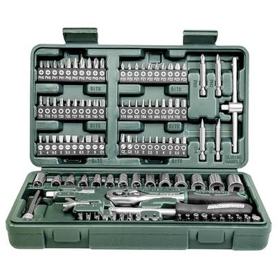 Green toolbox with various attachments, bits and a ratchet. Contains multiple rows of screwdriver bits in an organised arrangement.