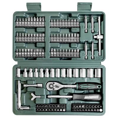 A green tool case with numerous bits, nuts, and a ratchet handle. Practical for versatile repairs and assemblies.