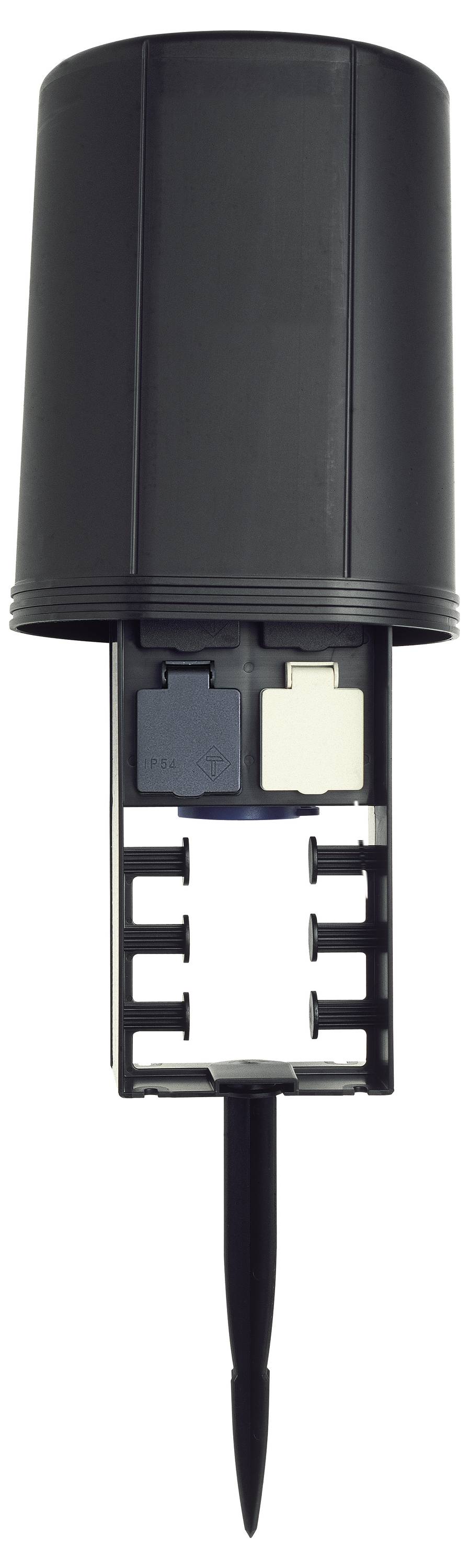 An outdoor fiber optic splice closure with a cylindrical cover and a mounting bracket, used for secure cable management and protection.