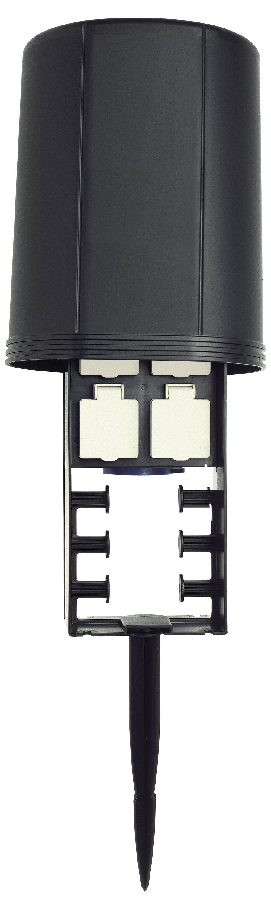 A black rain gauge with a pointed stake at the bottom for insertion into the ground.