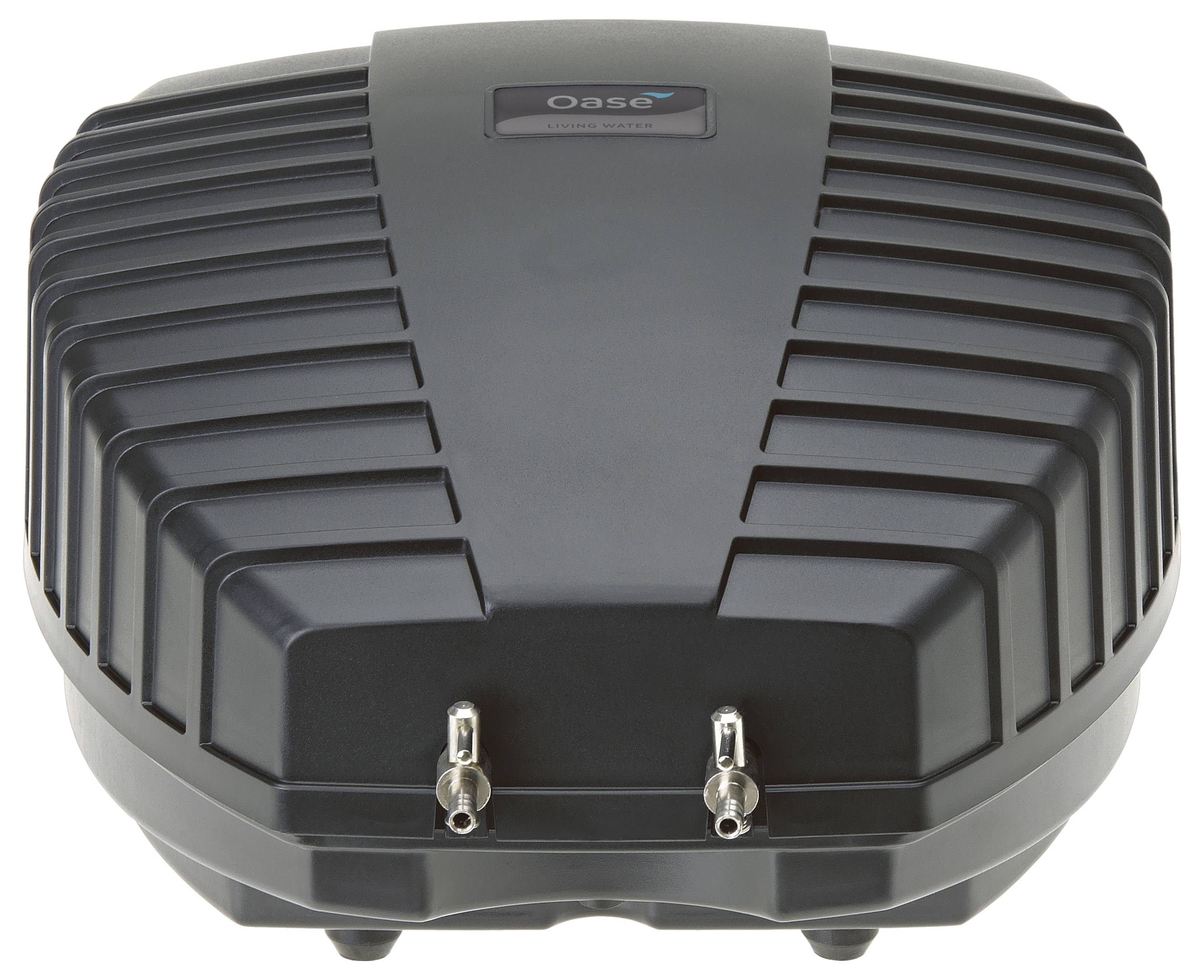 'Sealed black housing of an air pump with two metal outlets, suitable for outdoor and pond use.'