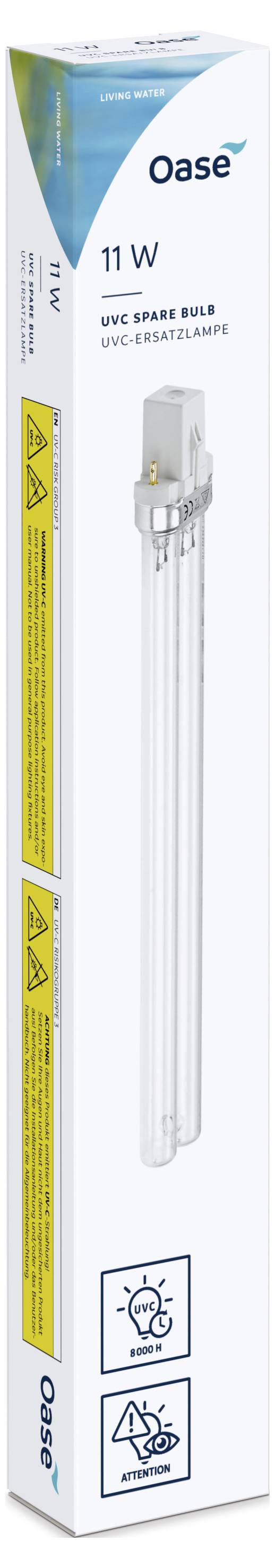 '11W UVC bulb' package with safety warnings and icons for proper use, intended for water purification systems.