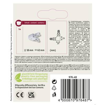 'Inhalt' contains a 62 mm long lamp with an 18 mm diameter. On the packaging: manufacturer-related information and carton symbols.