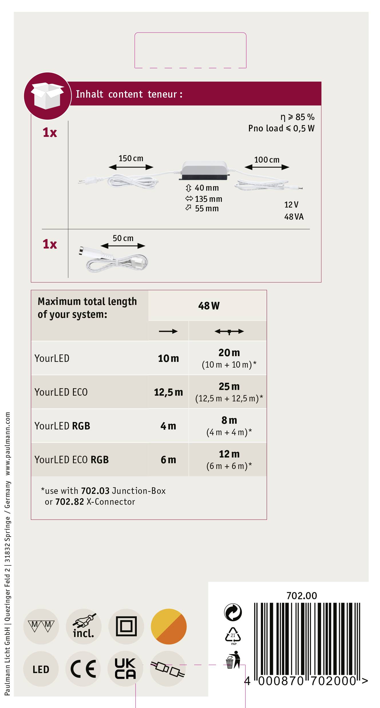 Packaging Reverse Side with Information on LED Strips. Shows Compatible Lengths (10m, 12.5m, 6m), Power (48W max) and Accessories.