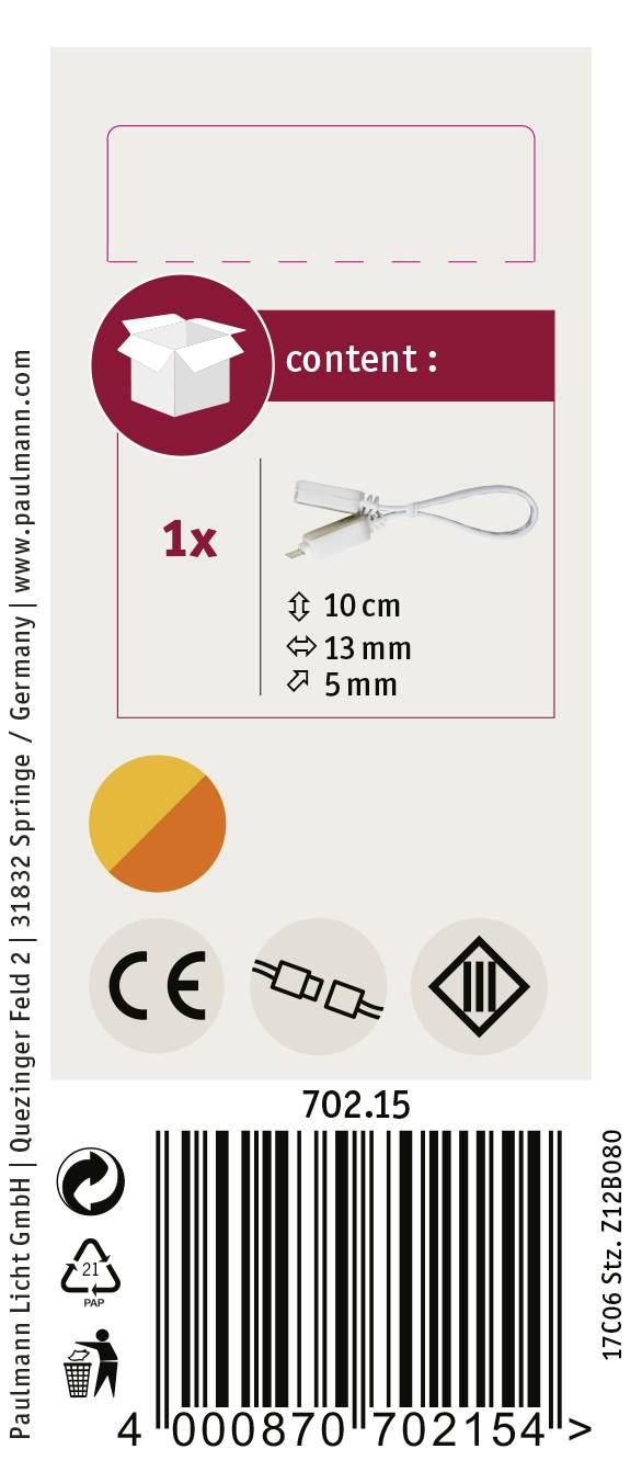 'Product Label for Assembly Accessories: contains 1 piece, sizes 10 cm, 13 mm, 5 mm. CE marking, EAN: 4000870702154.'