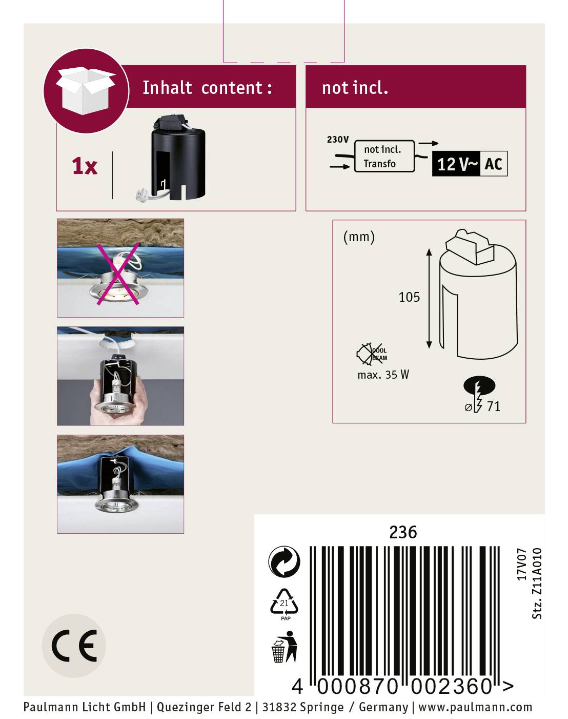'Contents: 1x Assembly Instructions, transformer not included, max. 35W. Connection: 12V~ AC. Product illustration and usage instructions.'