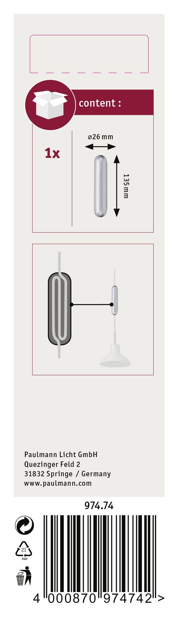 'Product packaging for light bulb: Contains 1 piece, dimensions Ø26 mm x H131 mm. Manufacturer: Paulmann Licht GmbH, Springe, Germany.'