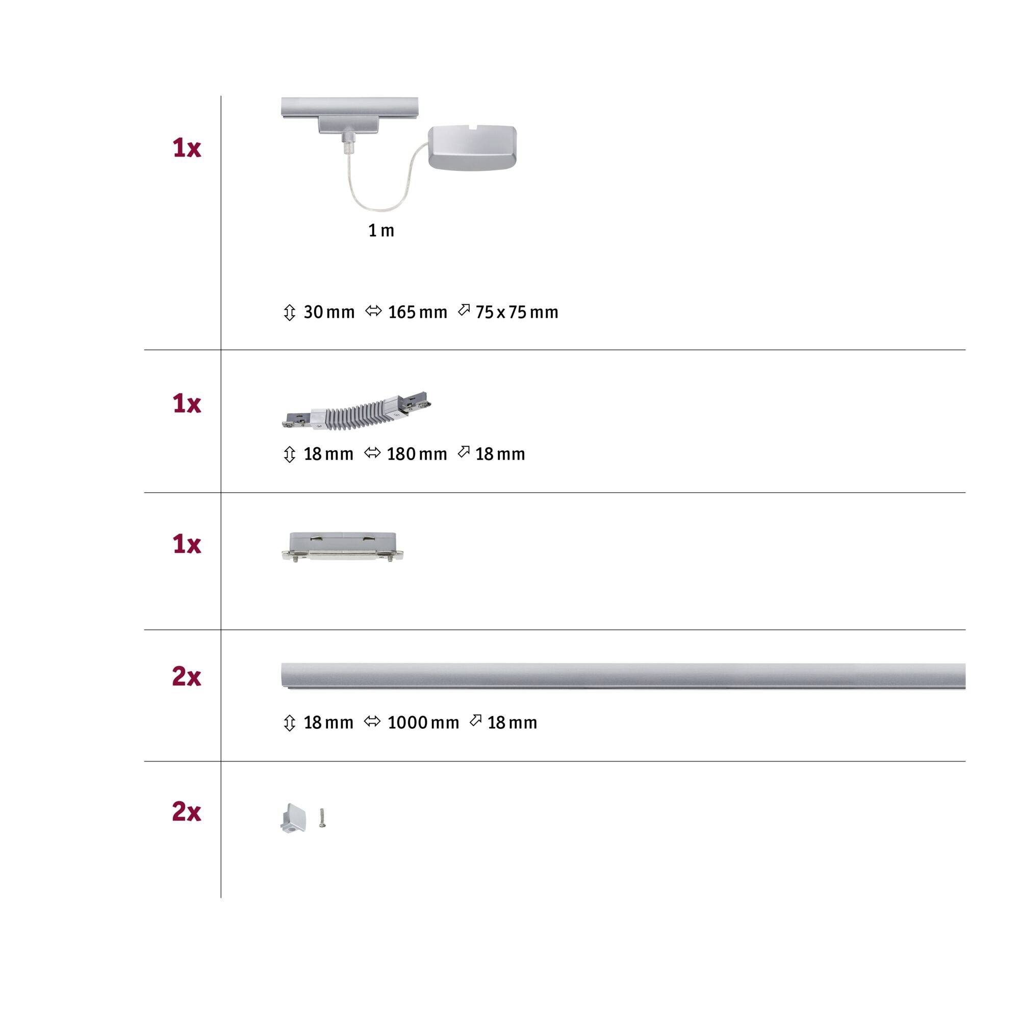 A diagram of components with quantities: 1x transformer (165 mm x 75 mm), 1x spiral cable (1800 mm), 1x connector, 2x rails (1000 mm), 2x caps.