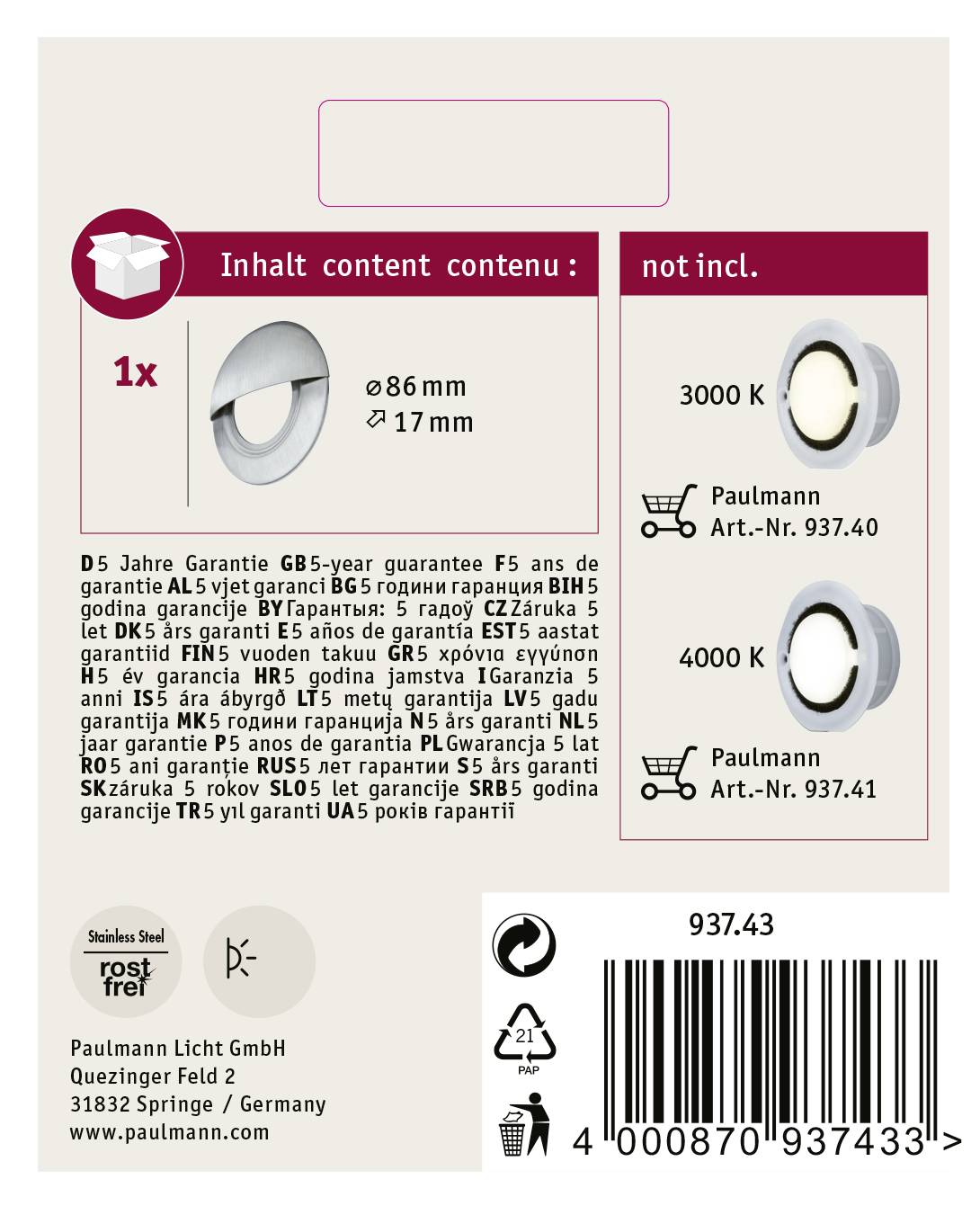 'Paulmann LED Recessed Light 937.43 Packaging: 1x Recessed Light Ø86x17mm. Light source not included. Made in Germany.'