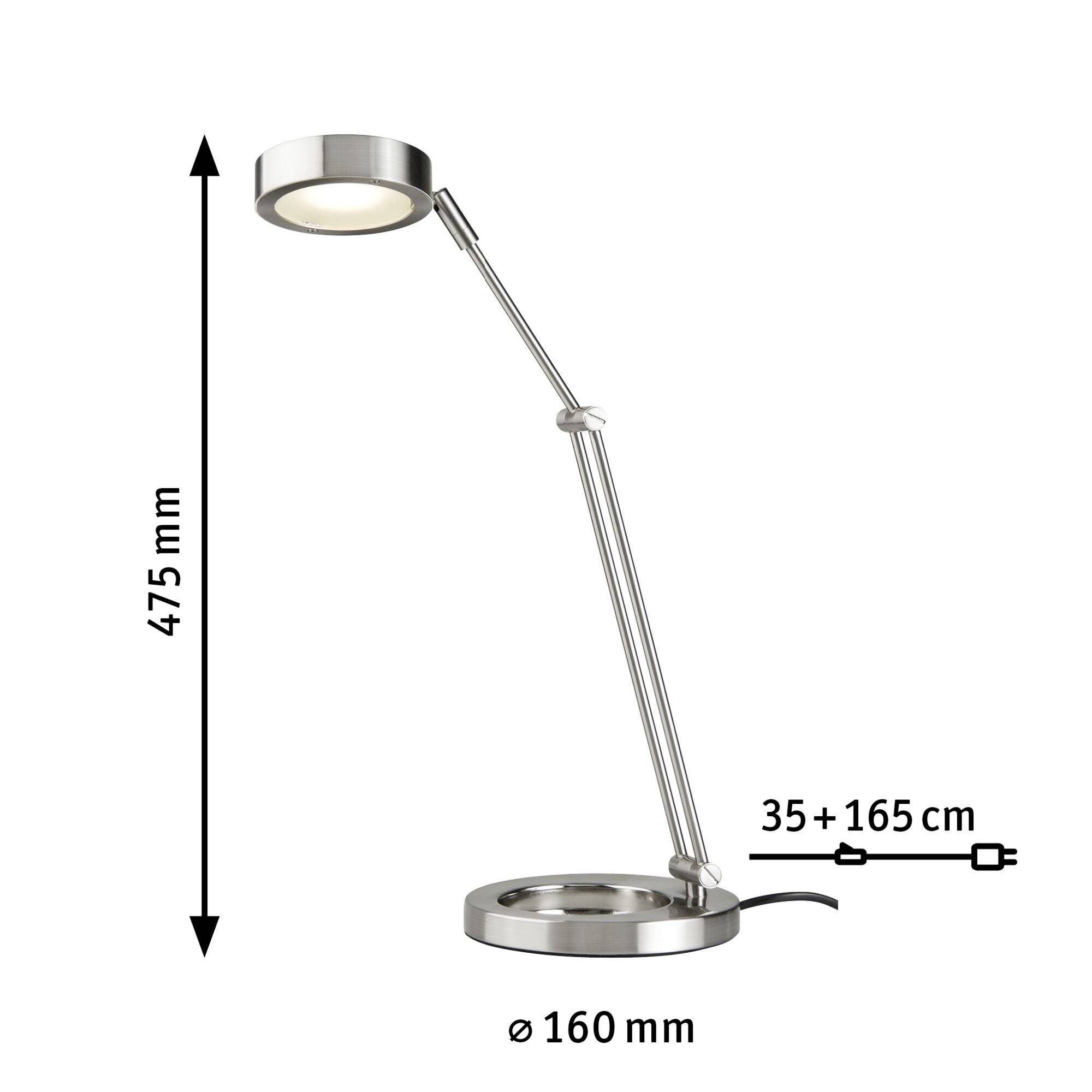Silver desk lamp with adjustable arm, height 475 mm. Round base with 160 mm diameter. Power cable 35 + 165 cm.