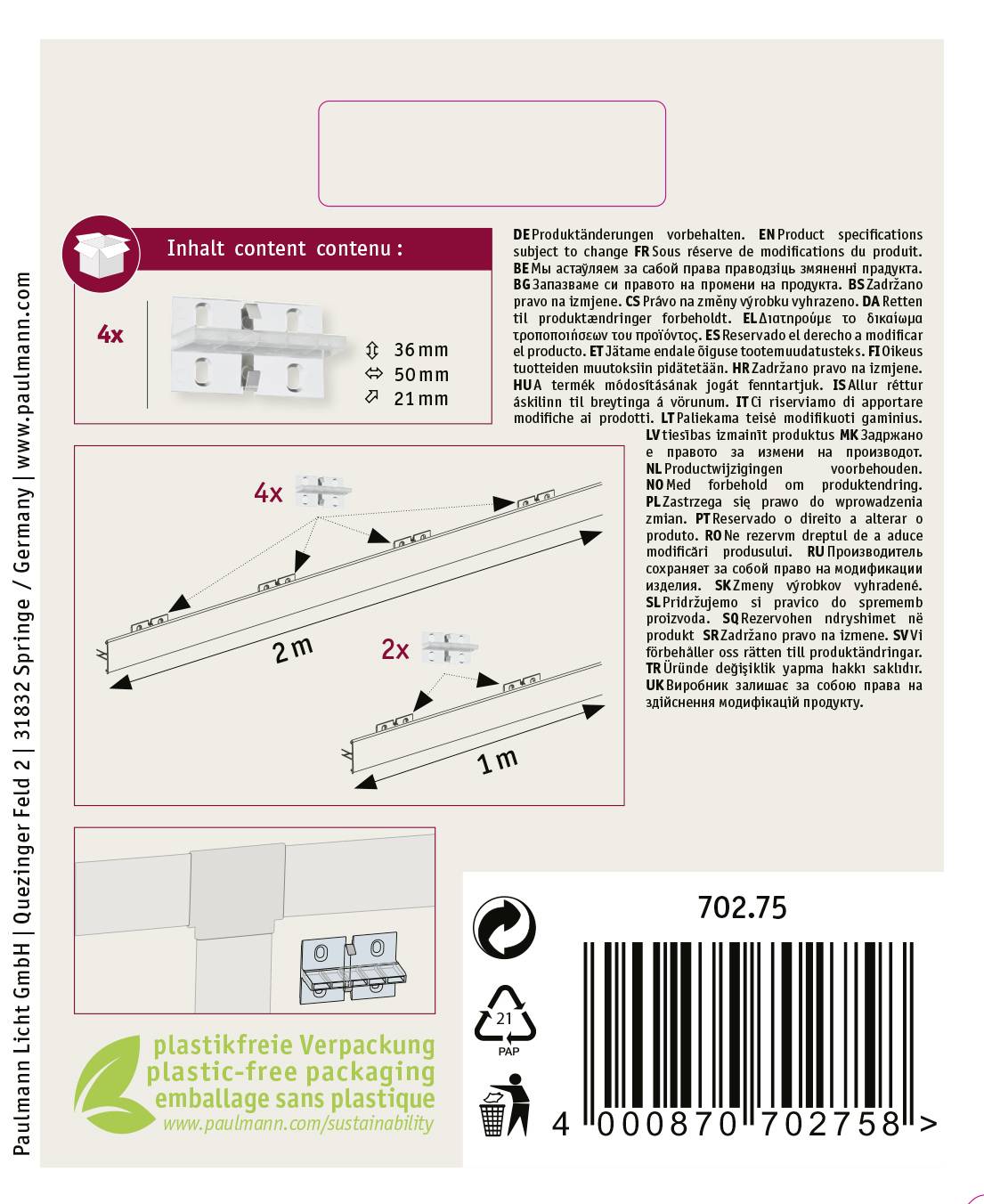 'Product packaging for furniture lighting with assembly instructions illustrated. Contains details of quantity and dimensions of the lights.'