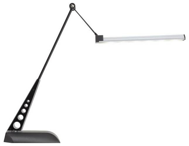 A modern black desk lamp with a sleek, adjustable arm and a linear light bar, designed for focused task lighting.