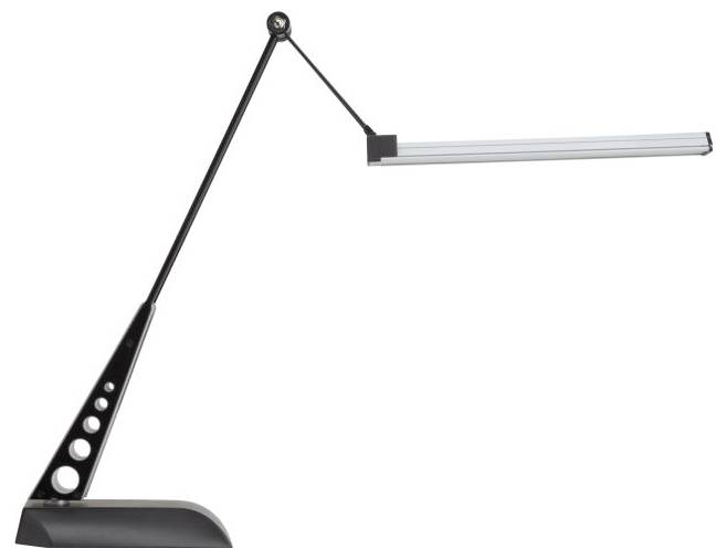 A sleek black desk lamp with an extended arm and horizontal LED light bar, featuring a modern design with circular cutouts on the base.