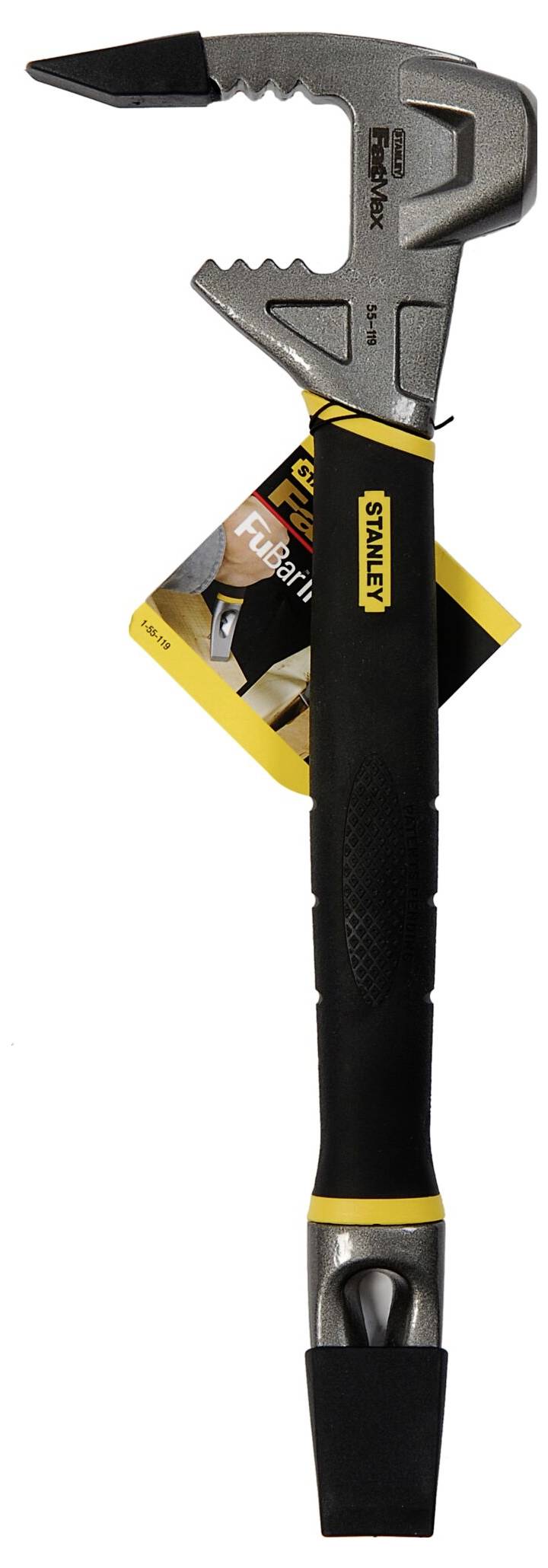 'Stanley Fubar III'. Multifunctional tool with hammer head and lever. Black handle and silver grip elements.