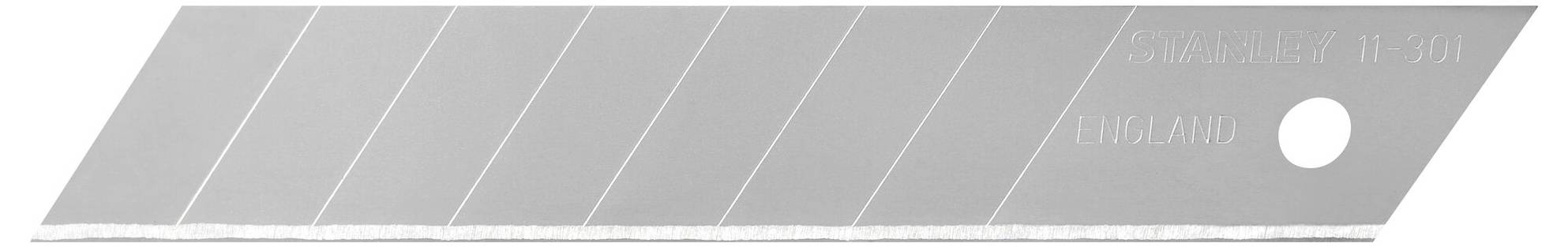 Silver retractable blade with multiple segments and a hole at the end, suitable for use in utility knives.