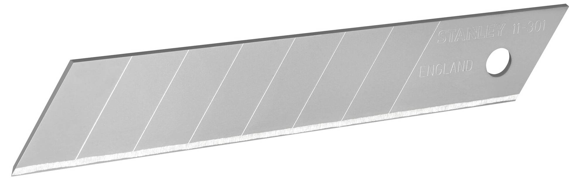 A silver replacement blade segment with multiple fracture edges and a hole at the upper end. Ideal for precision cutting.