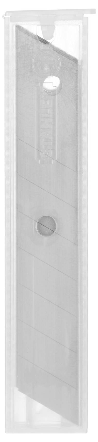 The image depicts a packaging containing a replacement blade set for a utility knife. Several blades are stacked on top of each other in a transparent case.