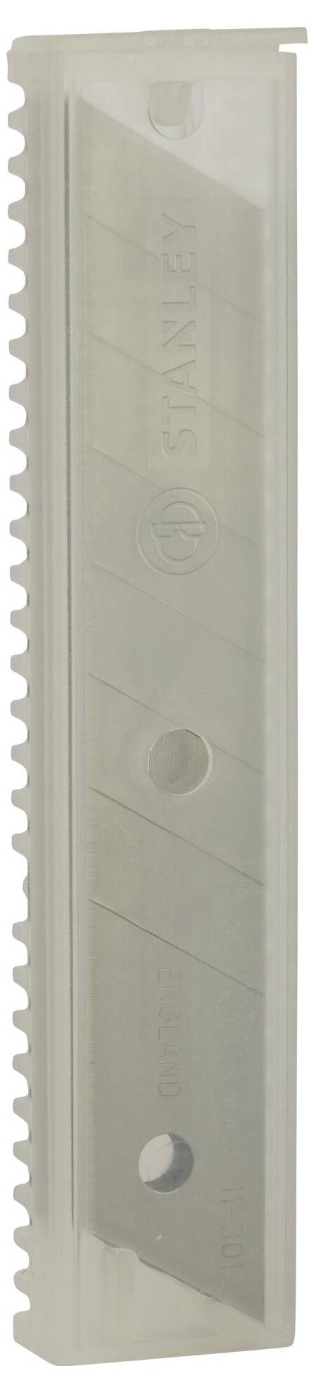 Grey replacement blade with a serrated edge and two holes, likely intended for a cutting tool or utility knife.