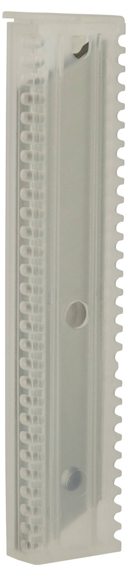 A transparent plastic casing with a serrated edge and a hole in the centre, possibly intended as a protective cover for a blade.