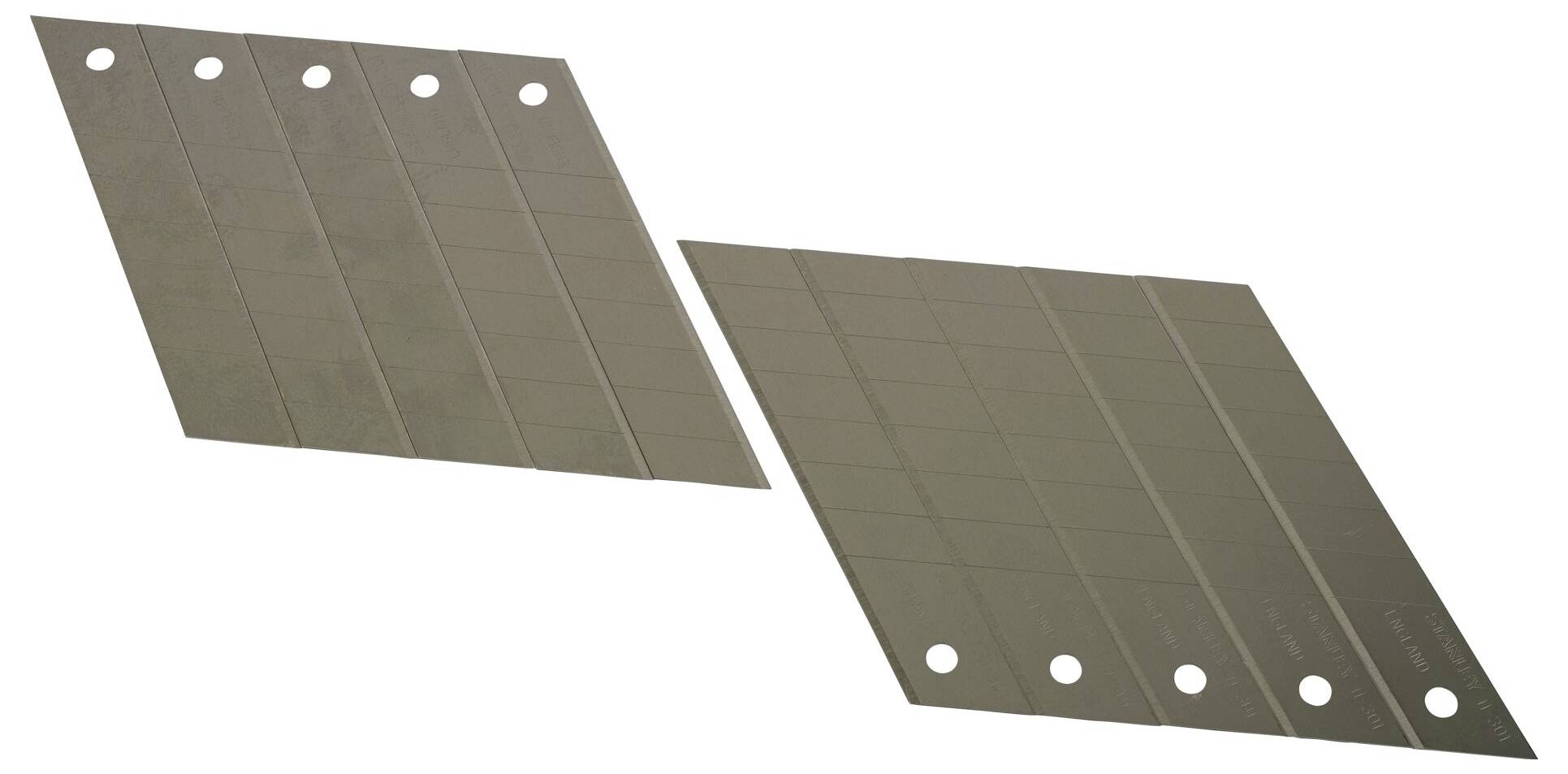 Metal cutting blades shown in two groups, each with five blades and round holes at one end, on a white background.