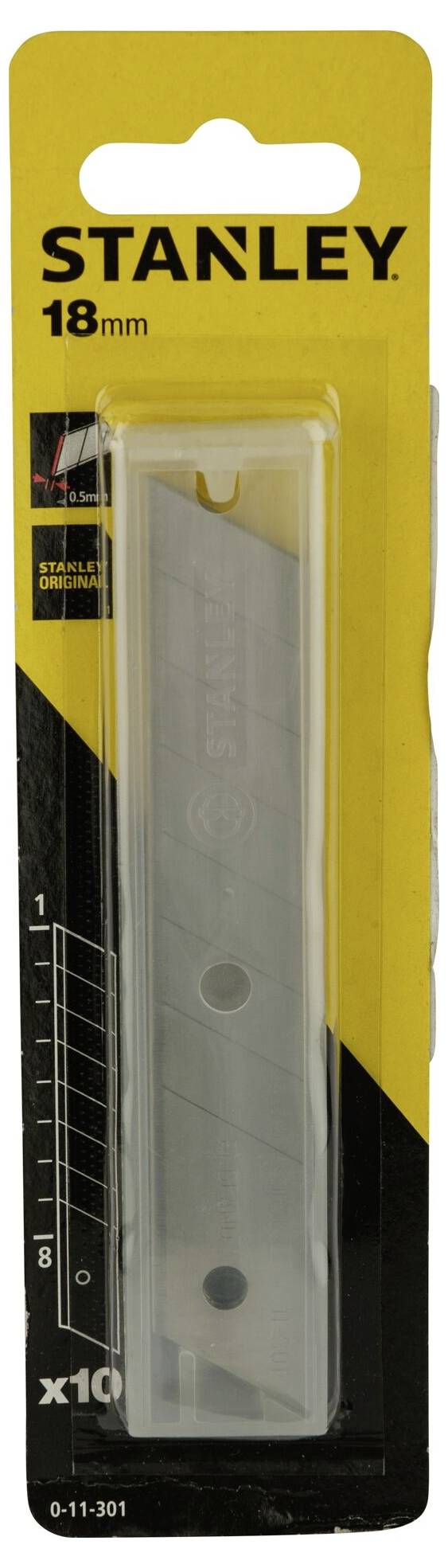 'Stanley' Blade Packaging, 18 mm blades, yellow and black design, displaying the blades inside. Pack contains 10 pieces.