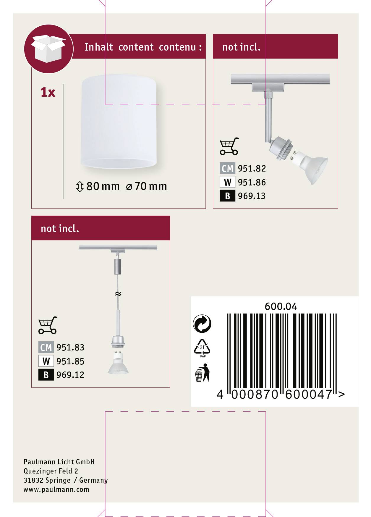The image shows the contents of a Paulmann light packaging. Top left depicts the contents (1x light shade), with items not included on the right and bottom. A barcode is located bottom right.