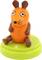 An orange cartoon mouse with droopy eyes and brown ears sits on a green plinth.