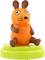 A small, orange plastic toy in the shape of a stylised mouse with brown ears and feet sits on a green base.