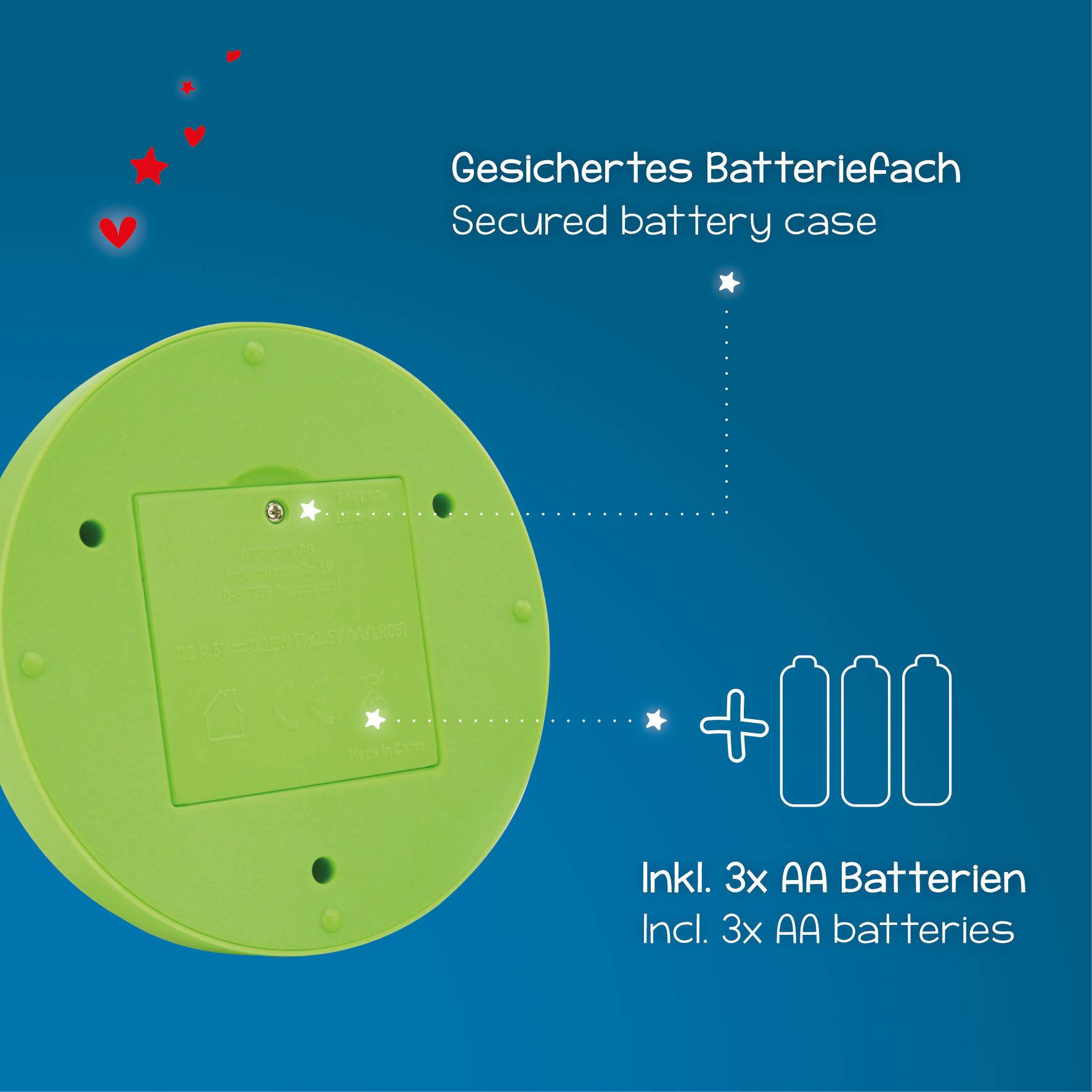 Back of a green device with a secured battery compartment. Contains 3 AA batteries. Bright background graphic and red hearts.