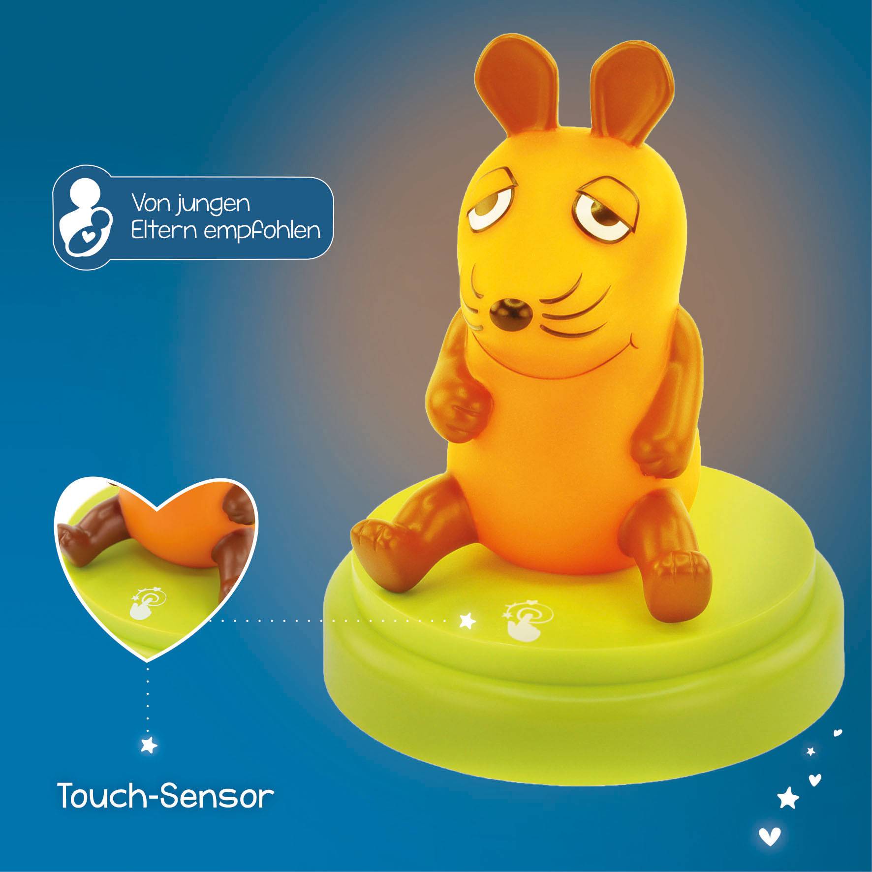 An orange mouse-shaped figure with a touch sensor on a green base, recommended by young parents.