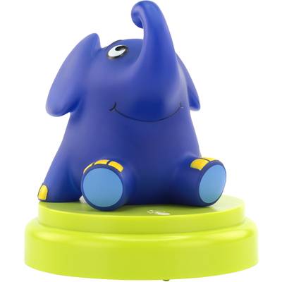 Blue elephant with large eyes sits smiling on a green plinth.