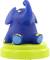 Blue elephant with large eyes sits smiling on a green plinth.