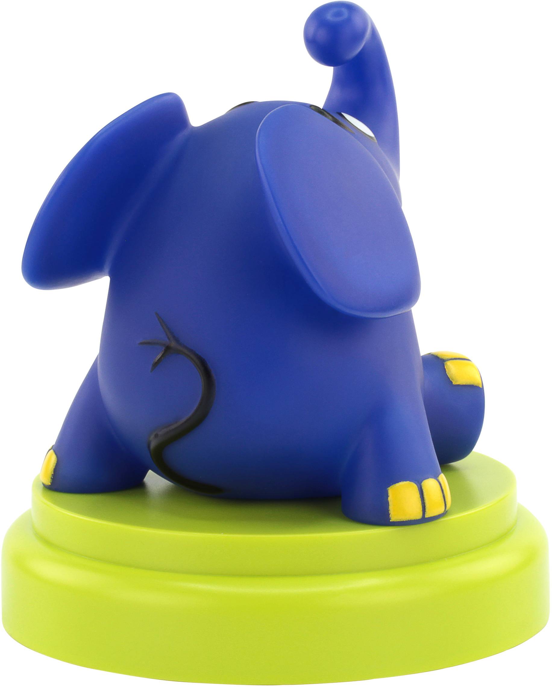 Blue elephant with yellow detail on a green plinth, showing its back and raising its trunk.
