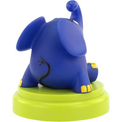 Blue elephant with yellow detail on a green plinth, showing its back and raising its trunk.