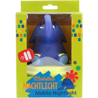 Night light in elephant shape, packaged in a green box with a colourful design. Text: Mobile night light.