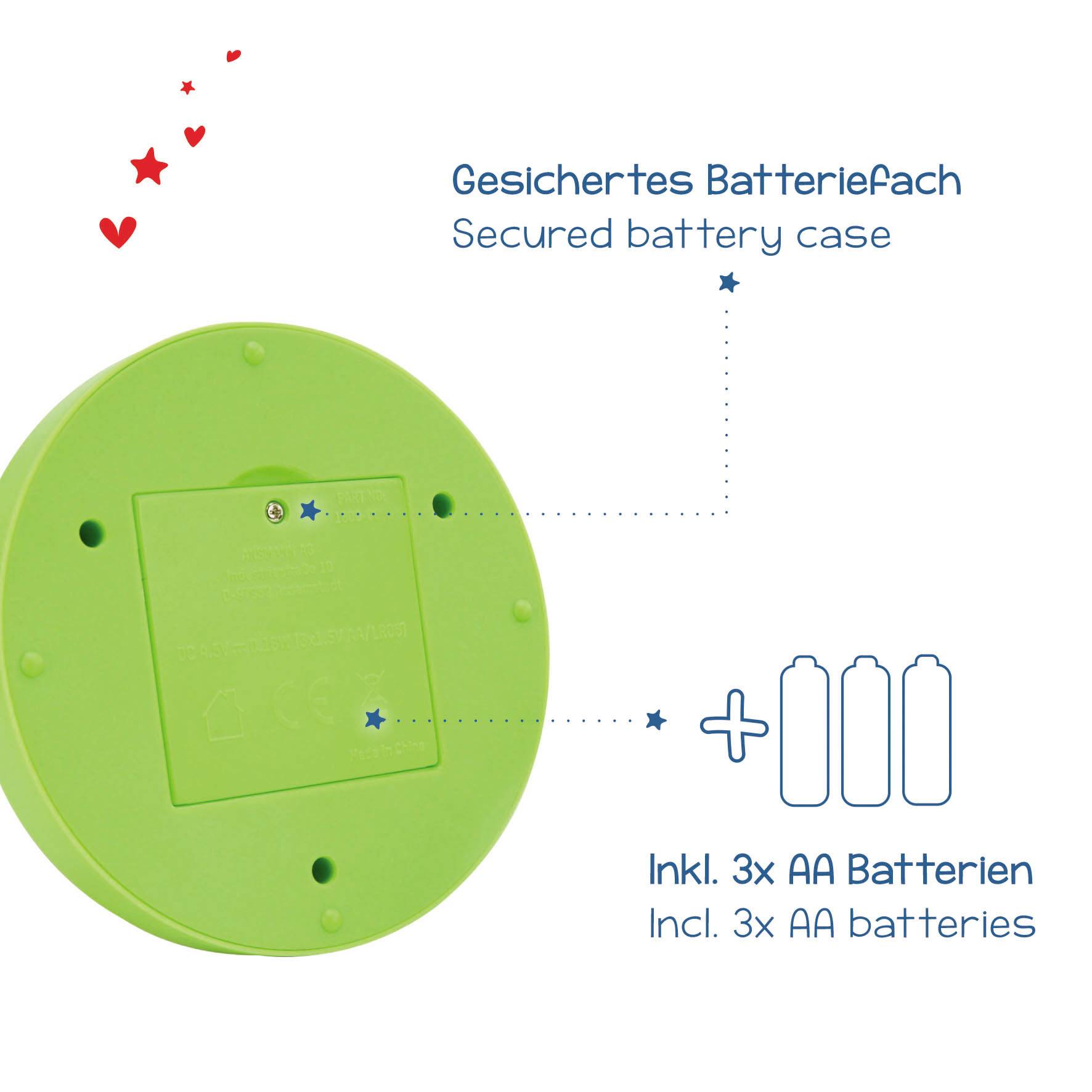Round green device with a secure battery compartment and the note: 'Includes 3x AA batteries'.