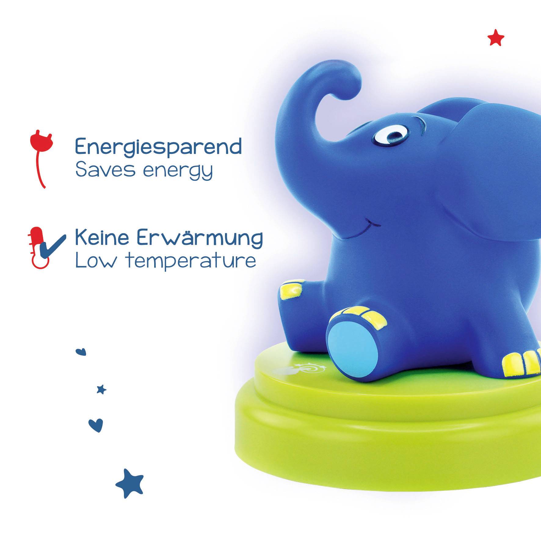 A blue elephant on a green plinth, alongside symbols for energy efficiency and cool temperature. Decorative illuminated toy.