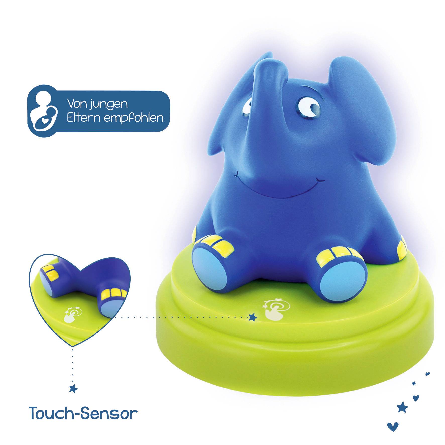 Blue Elephant on a Green Pedestal with 'Touch Sensor'. Recommended by Young Parents. Children's Night Light with a Friendly Smile.