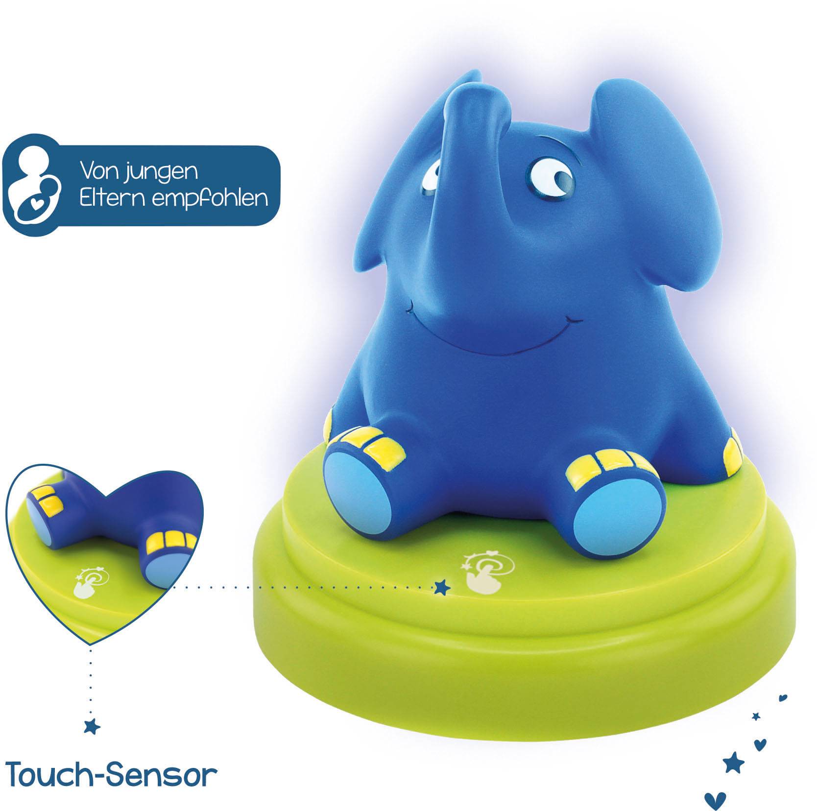 A blue elephant night light with yellow feet sits on a green base. Text: 'Recommended by young parents'. Underside: 'Touch sensor'.