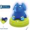 A blue elephant night light with yellow feet sits on a green base. Text: 'Recommended by young parents'. Underside: 'Touch sensor'.
