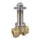 Brass valve with stainless steel spindle and disc. Valve body has a T-shaped construction with threaded openings on both sides.