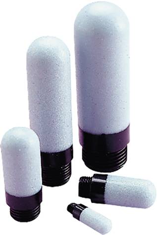 Various cylindrical filters with black threading and a light blue, porous surface in different sizes.