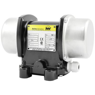 Industrial vibration motor with metal casing, CE marking and technical nameplate by NetterVibration, suitable for heavy-duty applications.