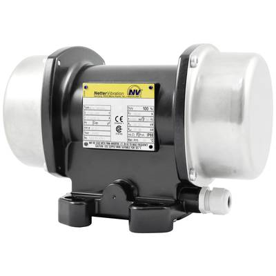 An industrial motor from NetterVibration with silver housing caps and a data label on the front.
