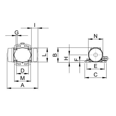 Technical drawing of a valve with side and frontal cross-section, showing dimensions A, B, C, D, E, G, H, I, L, N.