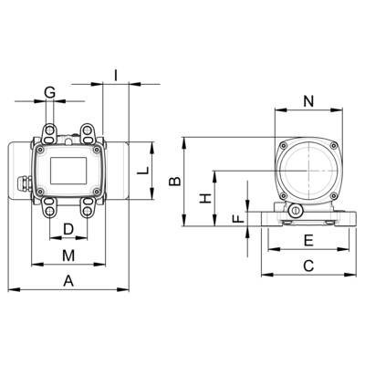 Technical drawing of a device with various dimensions, marked with letters A, B, C, D, E, F, G, H, I, L, M, N.