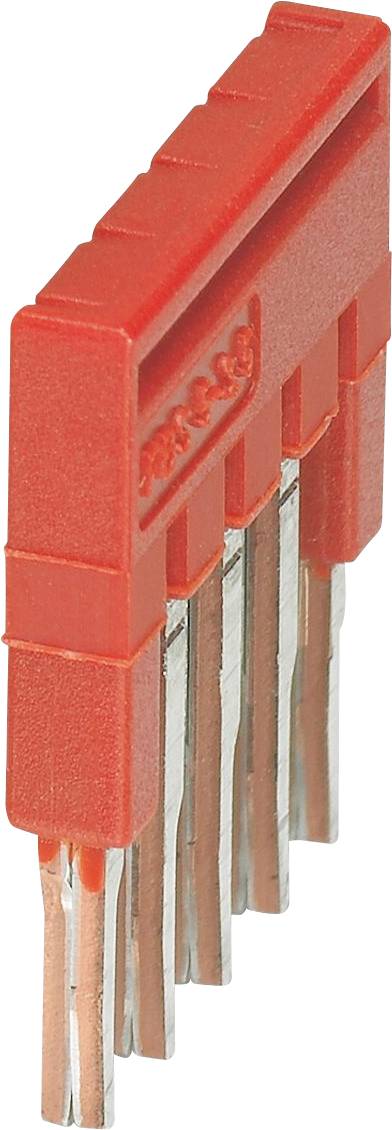 A red, plastic wire connector with multiple metal pins aligned vertically, used for connecting electrical circuits.